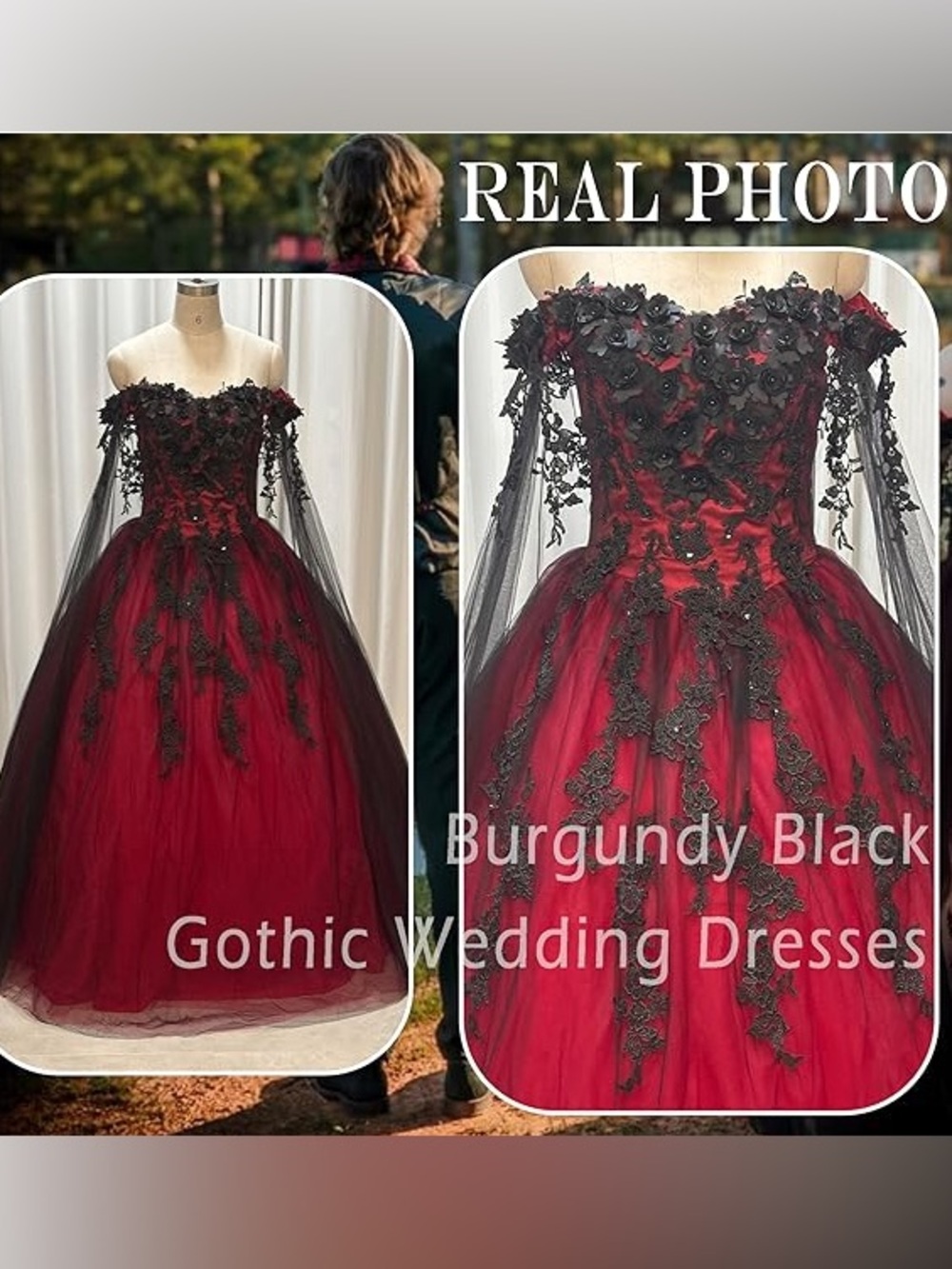 Burgundy and Black floral lace ball gown